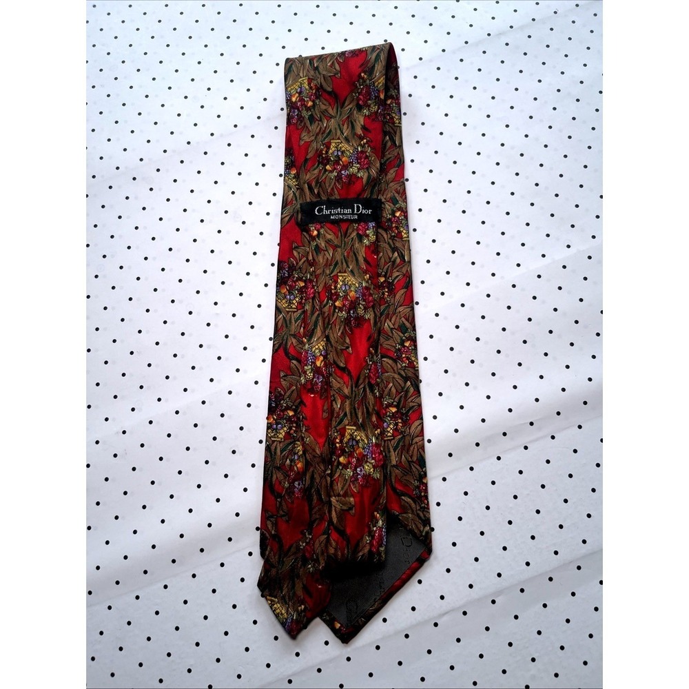 Vintage Christian Dior Monsieur Red Floral Botanical Silk Necktie USA - Picture 2 of 7